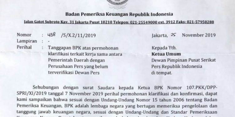 BPK RI Tidak Pernah Gunakan Verifikasi Media Dewan Pers
